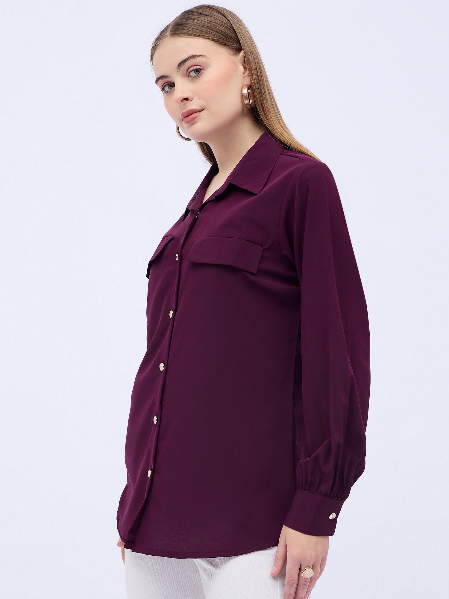 Maroon Satin Solid NA Regular Sleeves New Basics  Tops