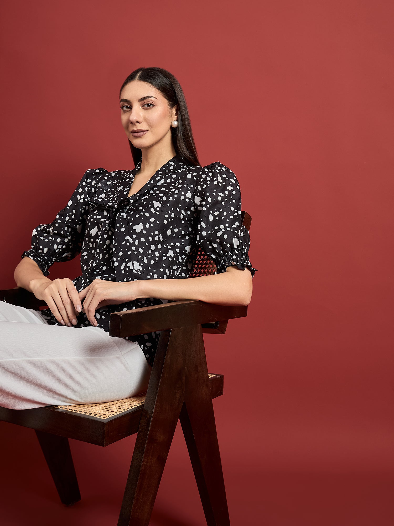 Black Polyester Printed Tie-Ups Puff Sleeves Abstract Tops