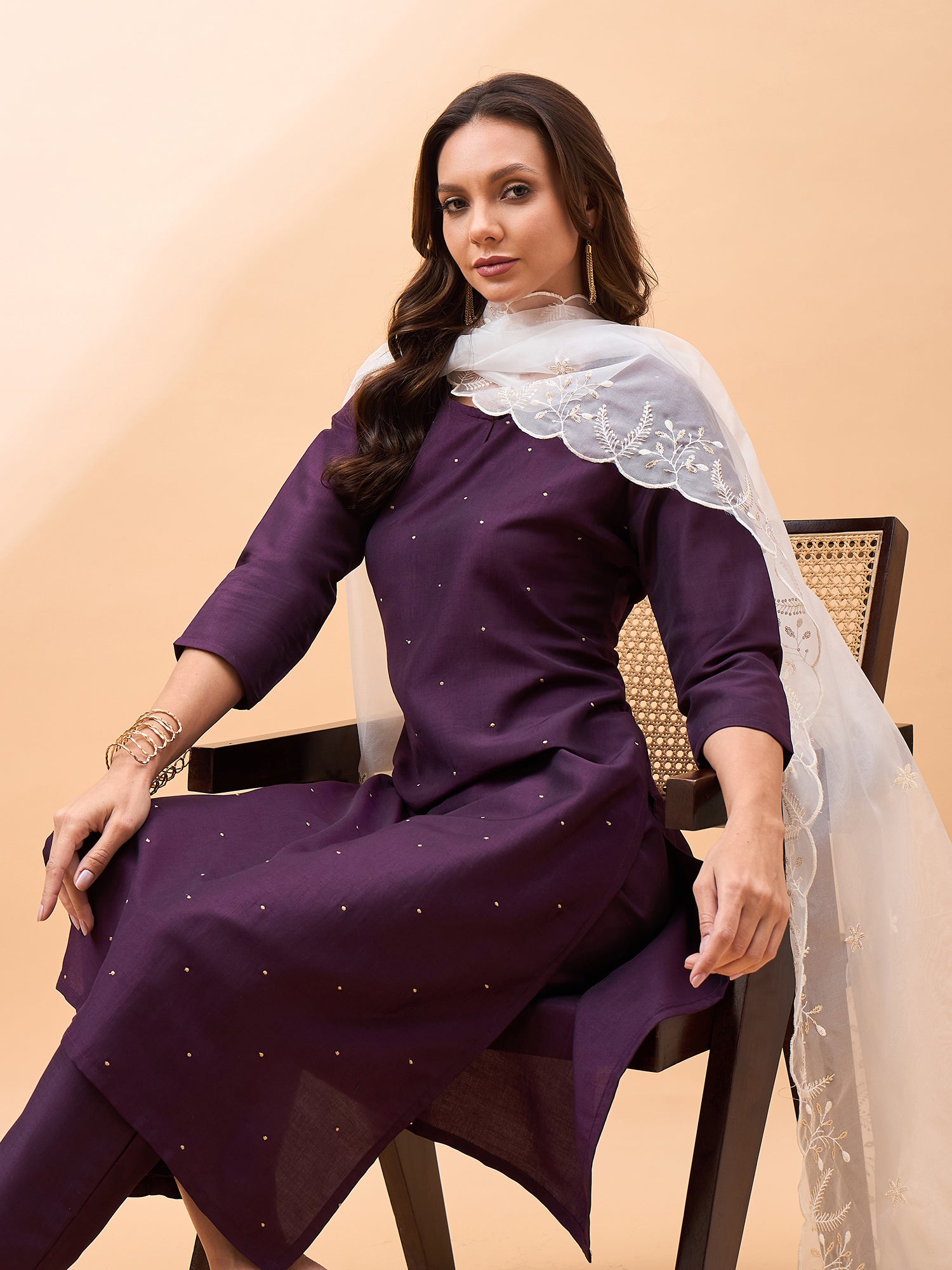 Wine  Silk Blend Embroideried A-Line Kurta  Trouser   With Dupatta