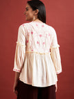 Cream Pure Cotton Embroidered Gathered or Pleated Puff Sleeves Floral Print Tops