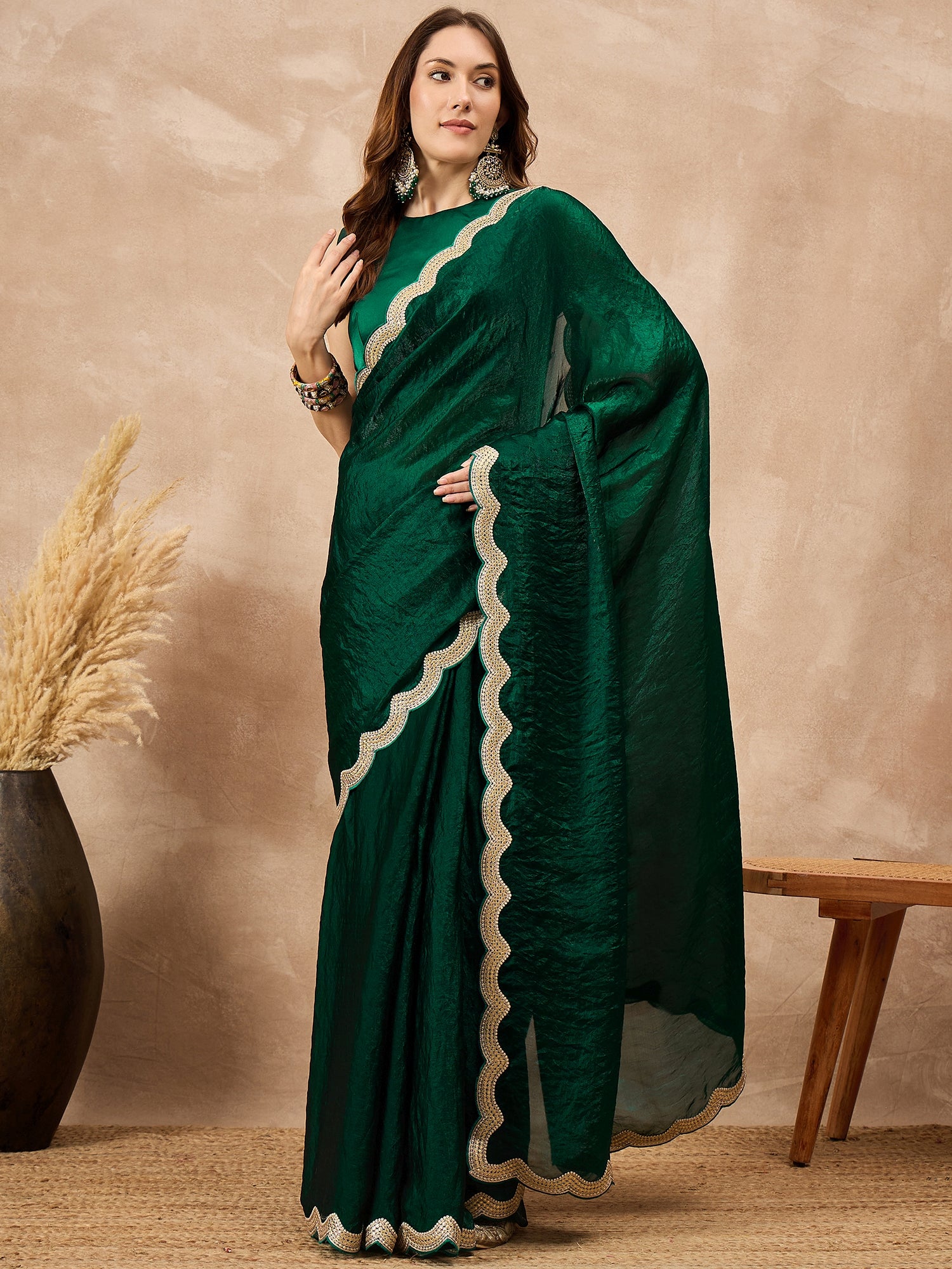 Green Organza Solid with Gota Lace Saree with Unstitched Blouse