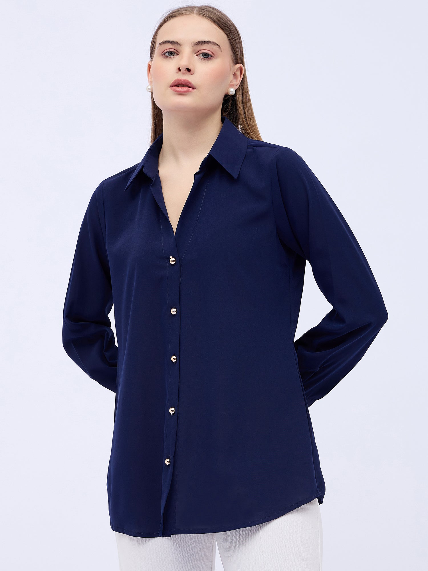 Blue Satin Solid NA Regular Sleeves New Basics  Tops