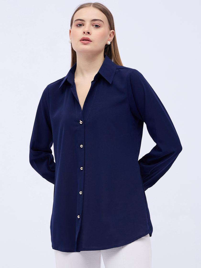 Blue Satin Solid NA Regular Sleeves New Basics  Tops