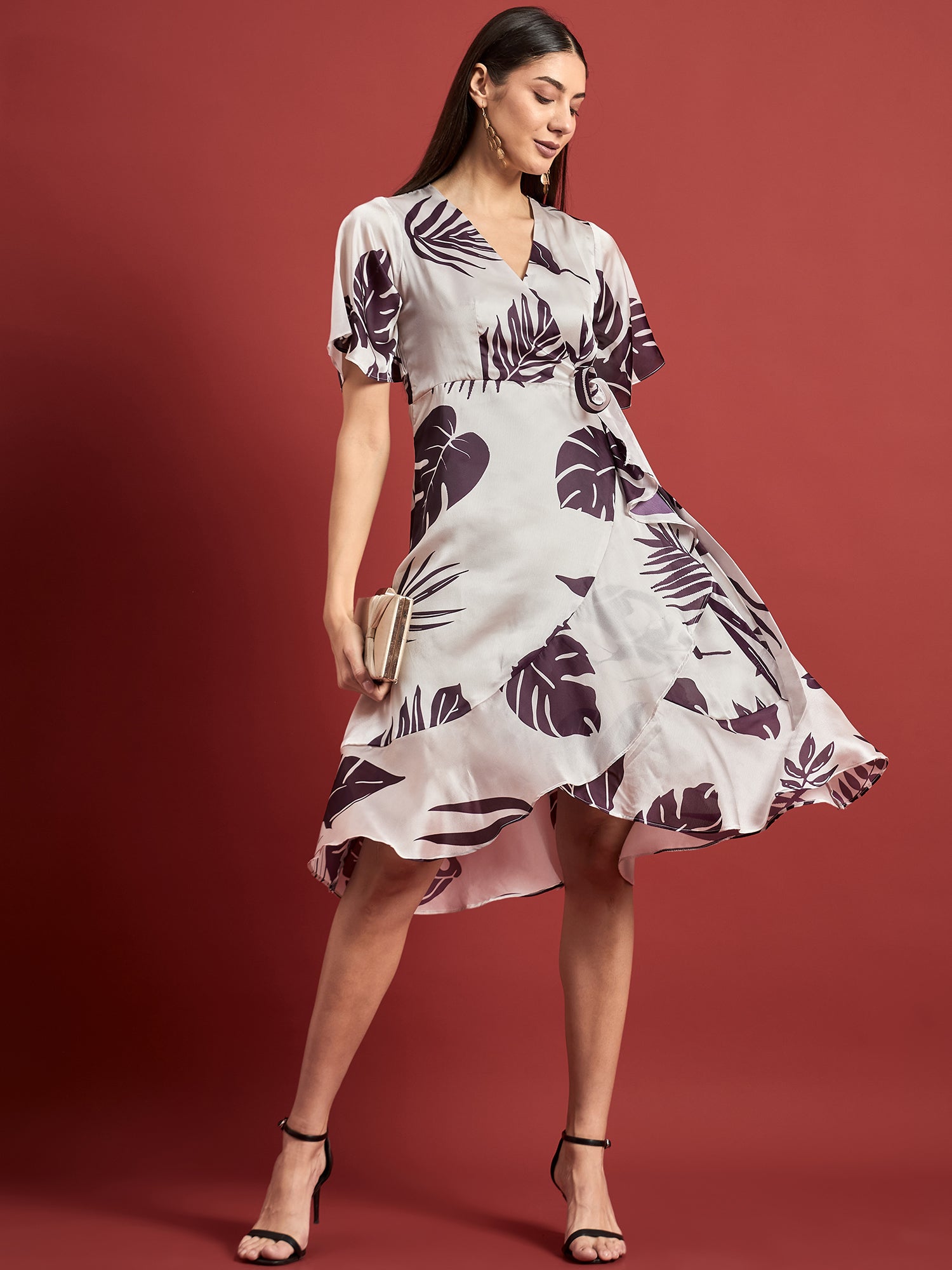 White Polyester Printed Flutter Sleeves Tropical Dress