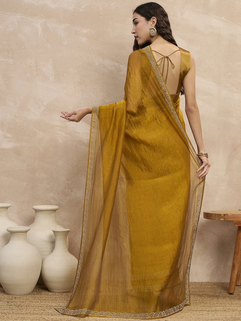 Mustard Organza Solid With Stone Work Border Saree with Unstitched Blouse