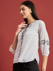 White Polycotton Embroidered Tie-Ups Puff Sleeves Floral Print Tops