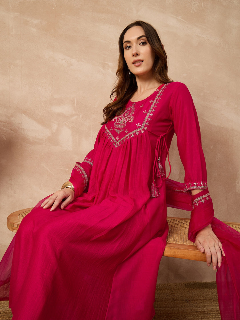 Pink  Silk Blend Embroideried A-Line Kurta Trouser