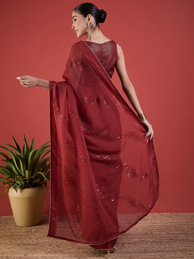 Maroon Pure Chiffon Sequence Embroidery With Embellished Border Saree with Unstitched Fancy Blouse