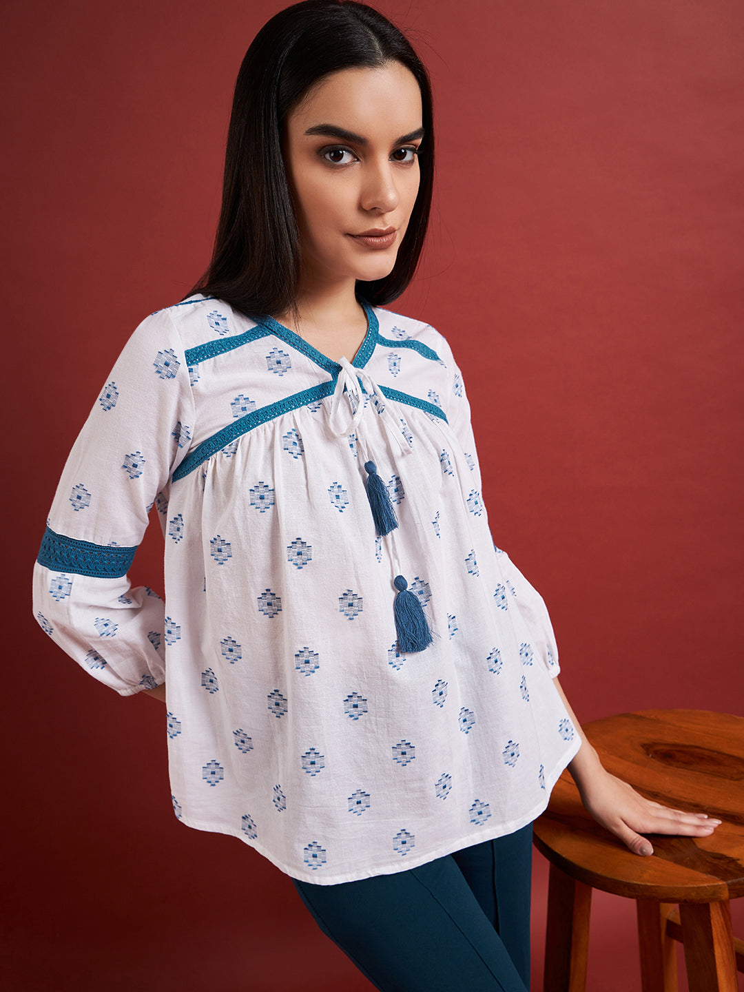White Pure Cotton Embroidered Tie-Ups Puff Sleeves Indigo Tops