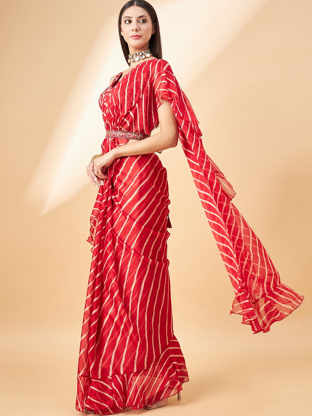 Red Pure Chiffon Lehariya Frill Printed saree with Unstitched Fancy Blouse with Belt
