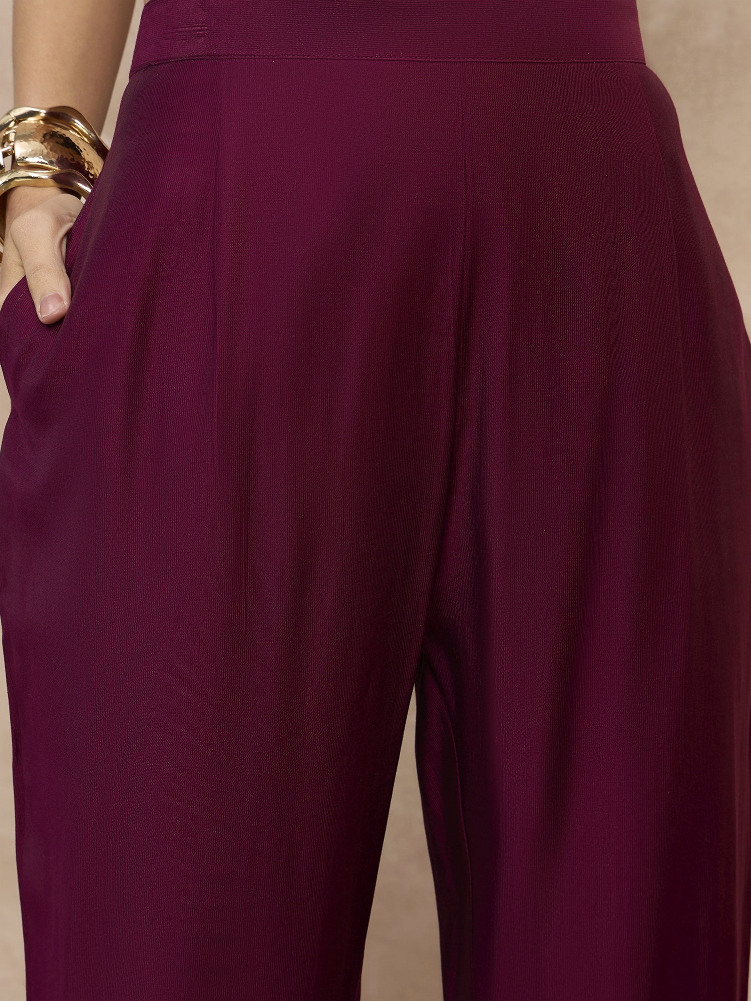 Wine  Chinon Embroideried A-Line Kurta Trouser