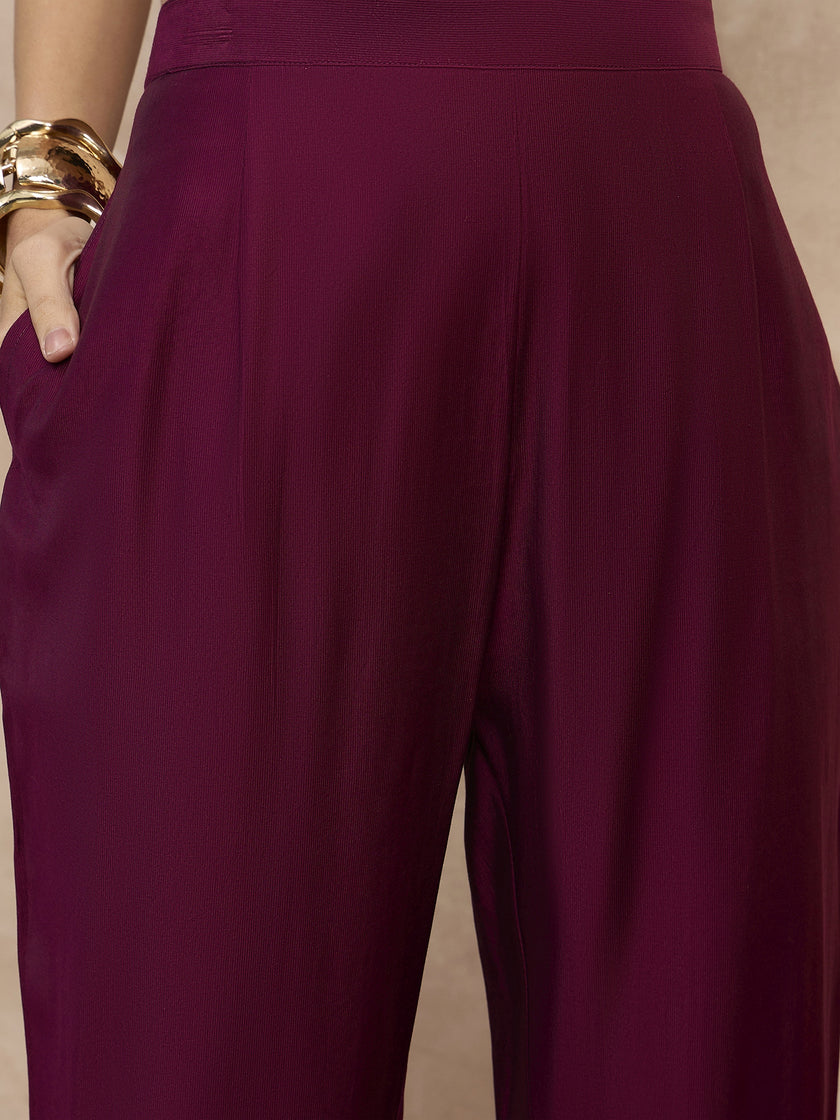 Wine  Chinon Embroideried A-Line Kurta Trouser