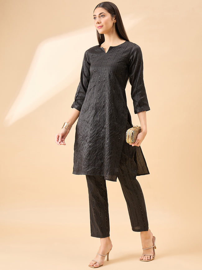Black  Silk Blend Embroideried A-Line Kurta  Trouser