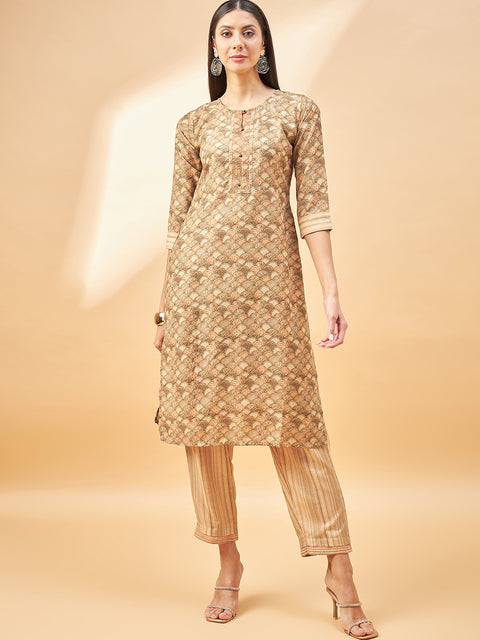 Beige Cotton Blend Printed Straight Kurta Trouser