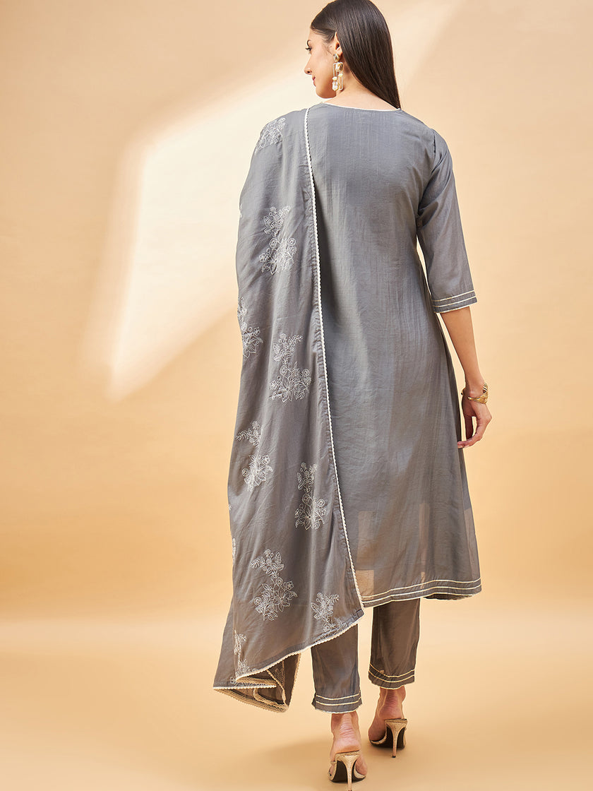 Grey Pure Cotton Solid A-Line Kurta Trouser  With Dupatta
