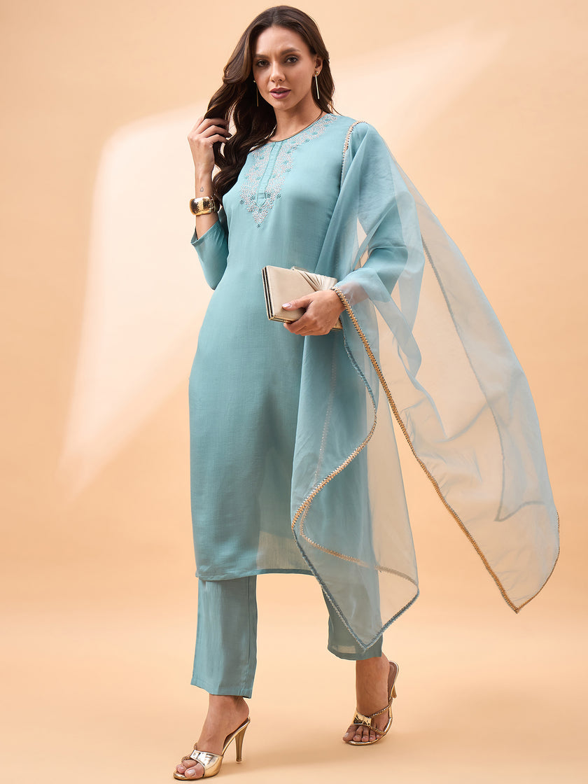 Light Blue  Pure Silk Yoke Design A-Line Kurta  Trouser   With Dupatta
