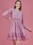 Lavender Georgette Embroidered Puff Sleeves Self Design Dress