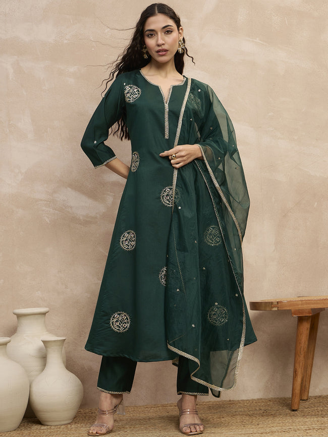 Green  Chinon Embroideried A-Line Kurta Trouser
