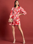 Red BLENDED Printed Puff Sleeves Floral Dress