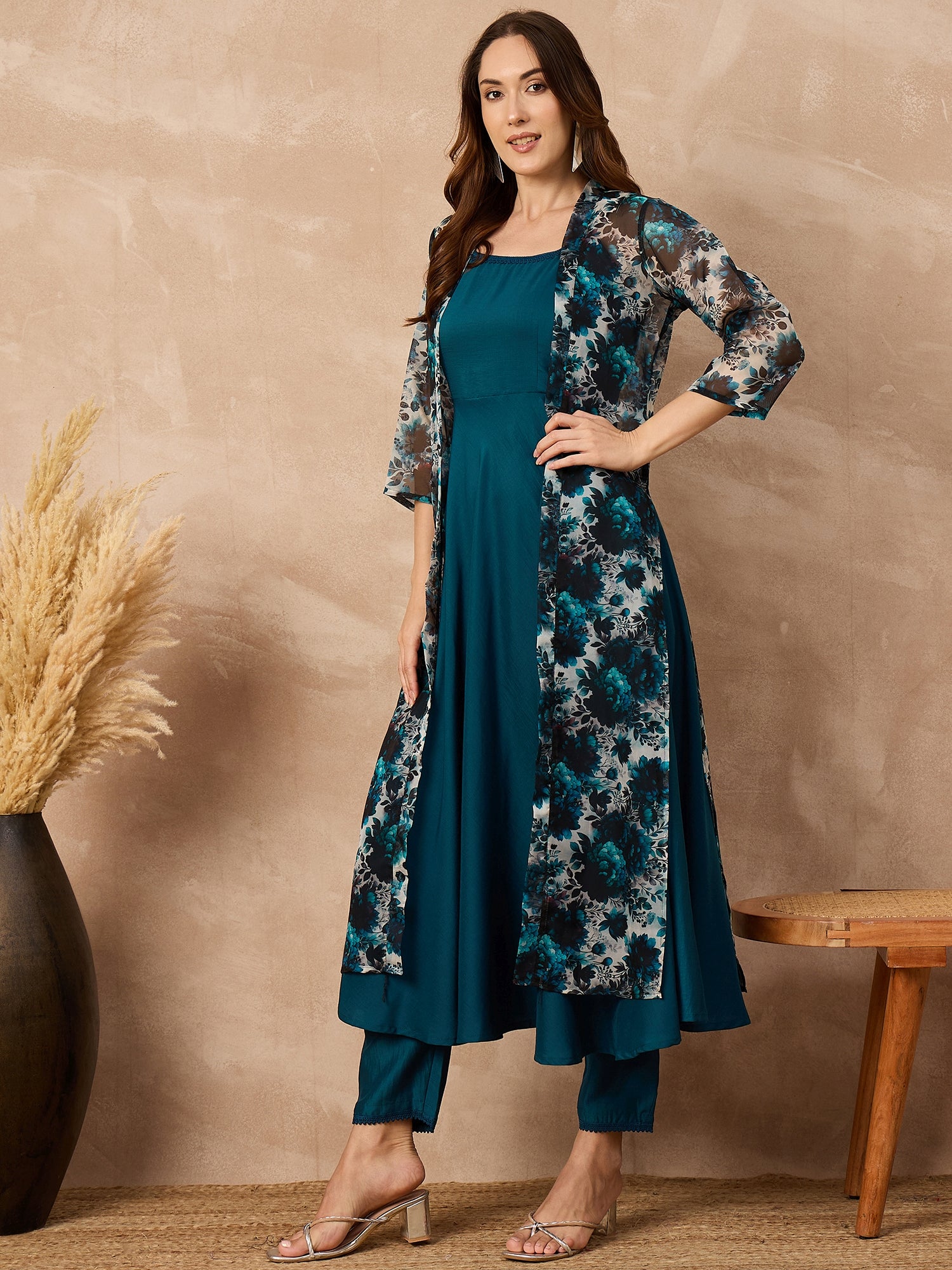 Teal Silk Blend Solid A-Line Kurta Trouser With Floral Print Shrug