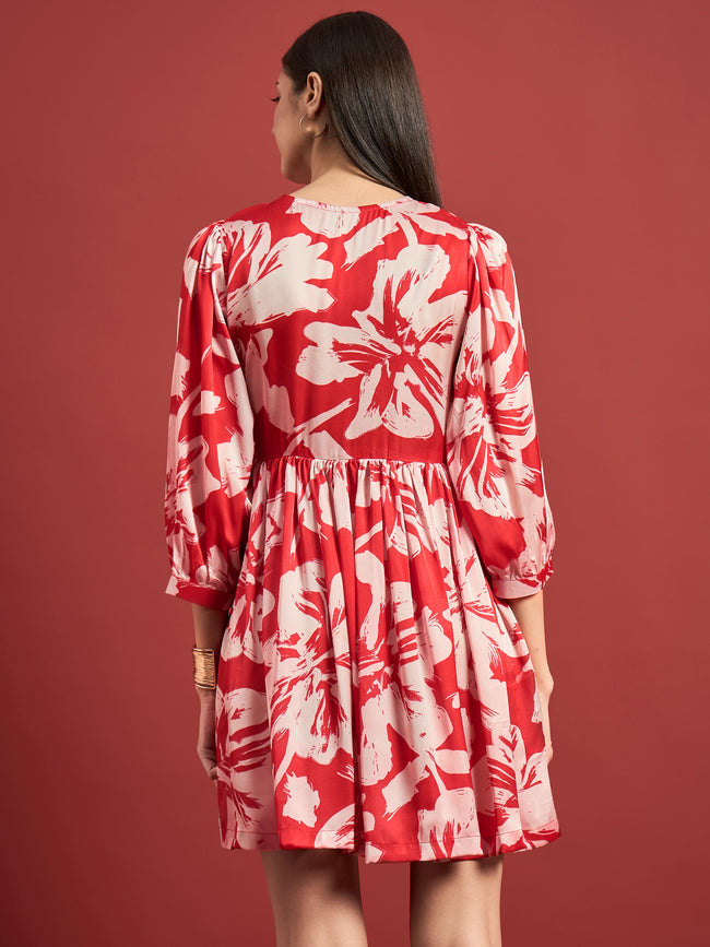 Red BLENDED Printed Puff Sleeves Floral Dress