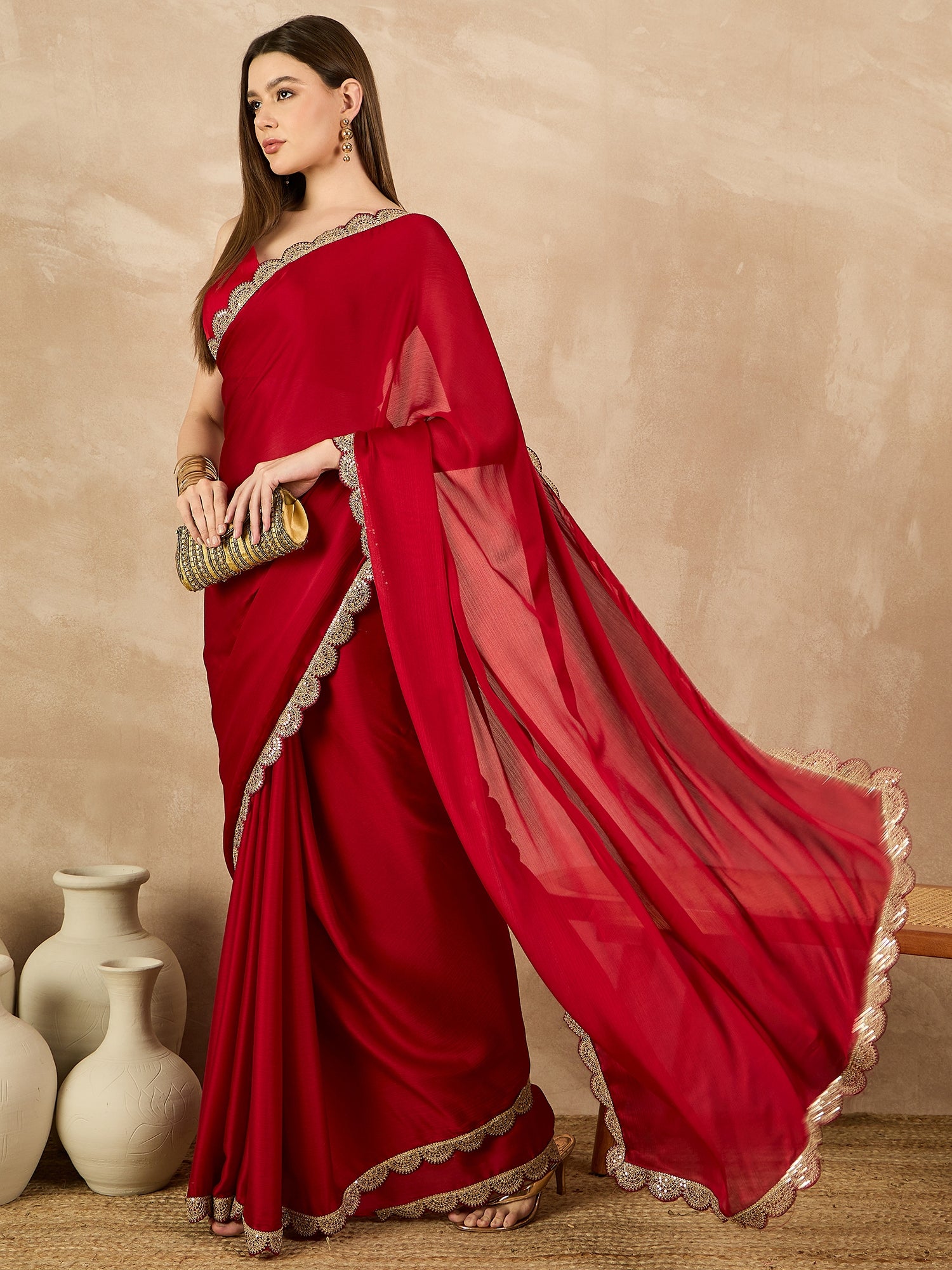 Red  Satin Solid With Embellished Lace Saree with Unstitched Fancy Blouse