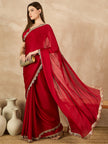 Red  Satin Solid With Embellished Lace Saree with Unstitched Fancy Blouse