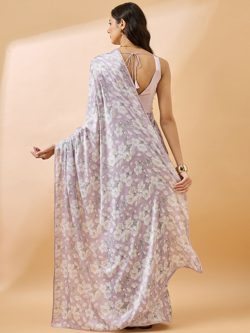 Lavender Satin Digital Floral Print With Embellished Lace Saree with Unstitched Fancy Blouse