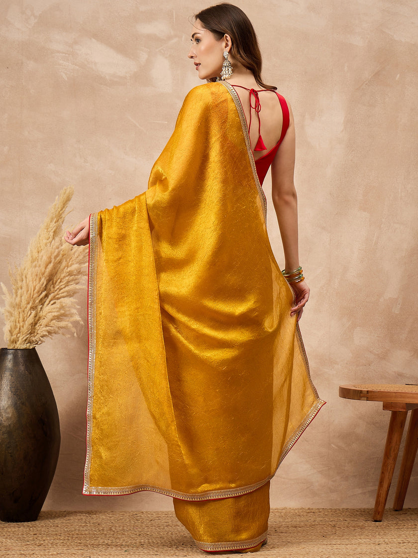 Yellow Poly Chiffon Solid with Embroidery Coding Border  Saree with Unstitched Blouse