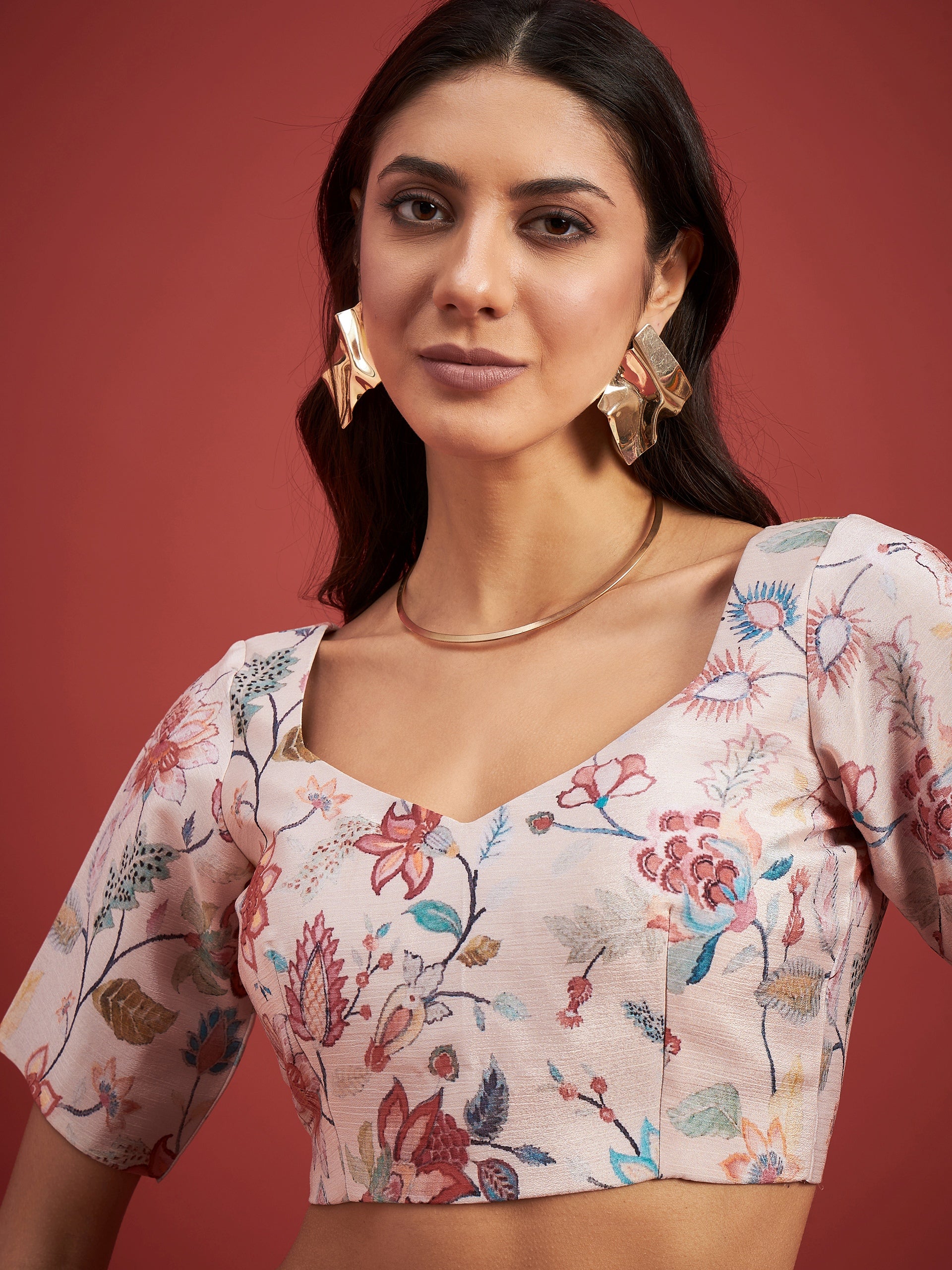 Off White Chinon Floral Print With Frills Ready to Wear Saree with Unstitched Fancy Blouse