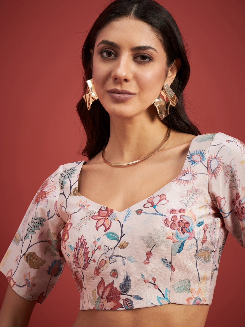 Off White Chinon Floral Print With Frills Ready to Wear Saree with Unstitched Fancy Blouse