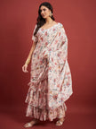 Off White Chinon Floral Print With Frills Ready to Wear Saree with Unstitched Fancy Blouse