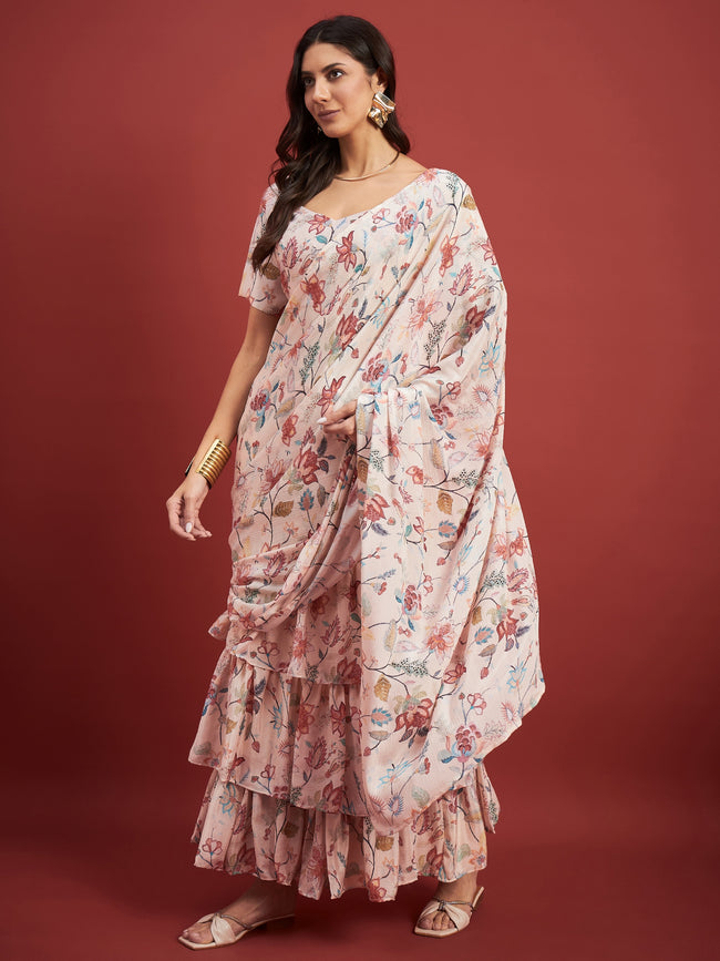 Off White Chinon Floral Print With Frills Ready to Wear Saree with Unstitched Fancy Blouse