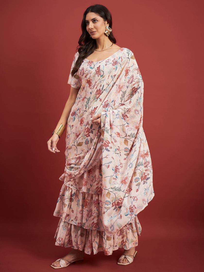 Off White Chinon Floral Print With Frills Ready to Wear Saree with Unstitched Fancy Blouse