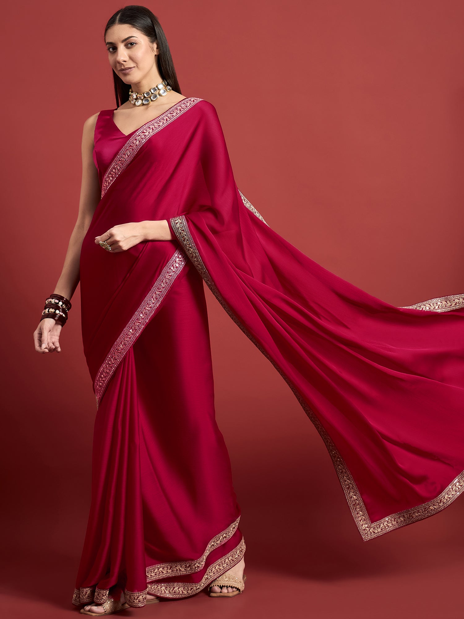 Pink  Satin Solid With Embroidered Border Saree with Unstitched Fancy Blouse
