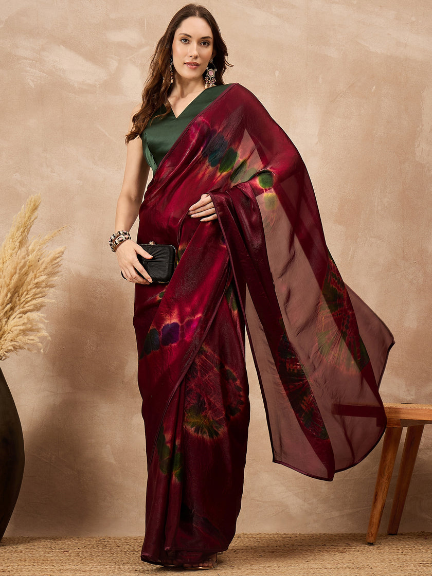 Maroon Satin Tie & Die  Saree with Unstitched Blouse