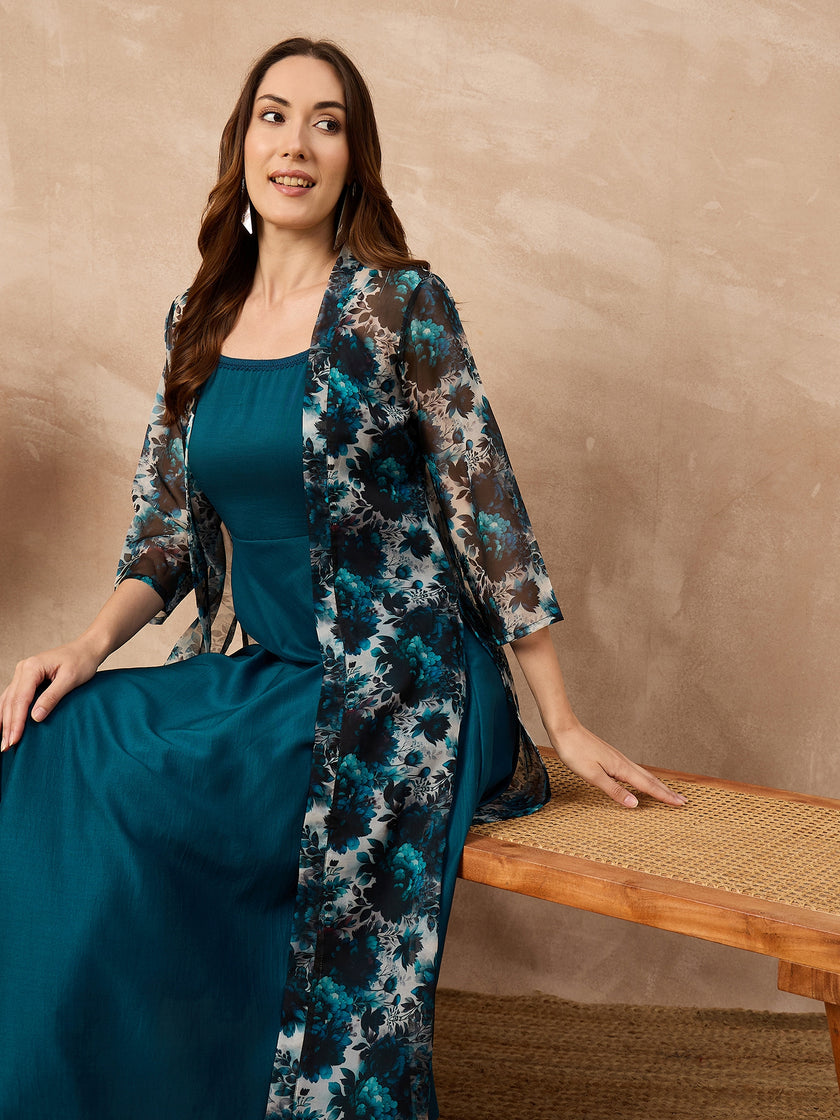 Teal Silk Blend Solid A-Line Kurta Trouser With Floral Print Shrug