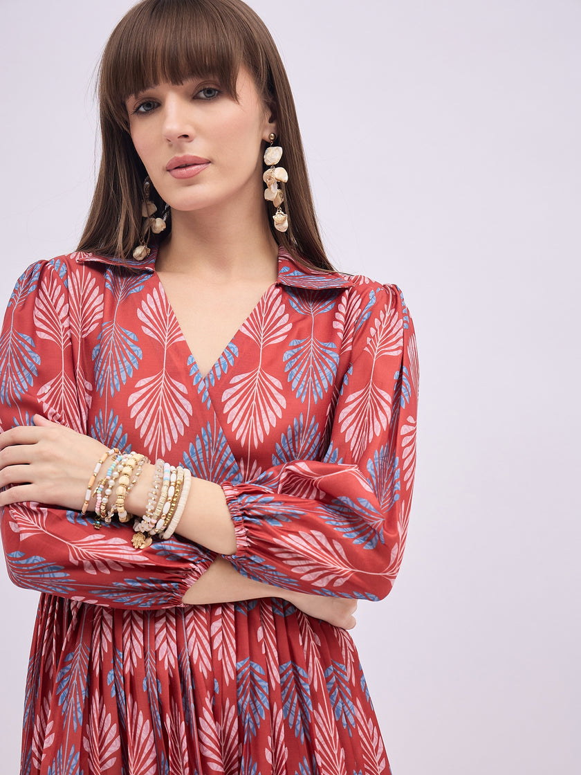 Multi Polyester Printed Puff Sleeves Floral Dress