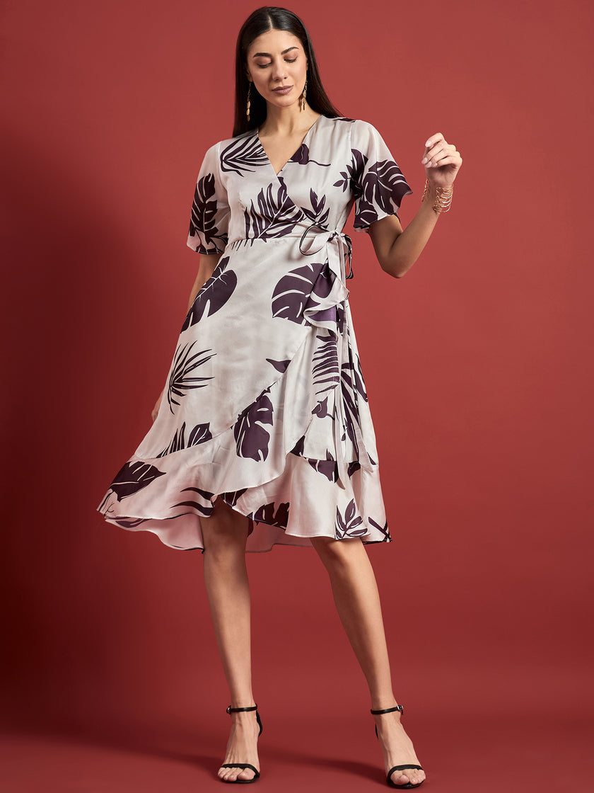 White Polyester Printed Flutter Sleeves Tropical Dress