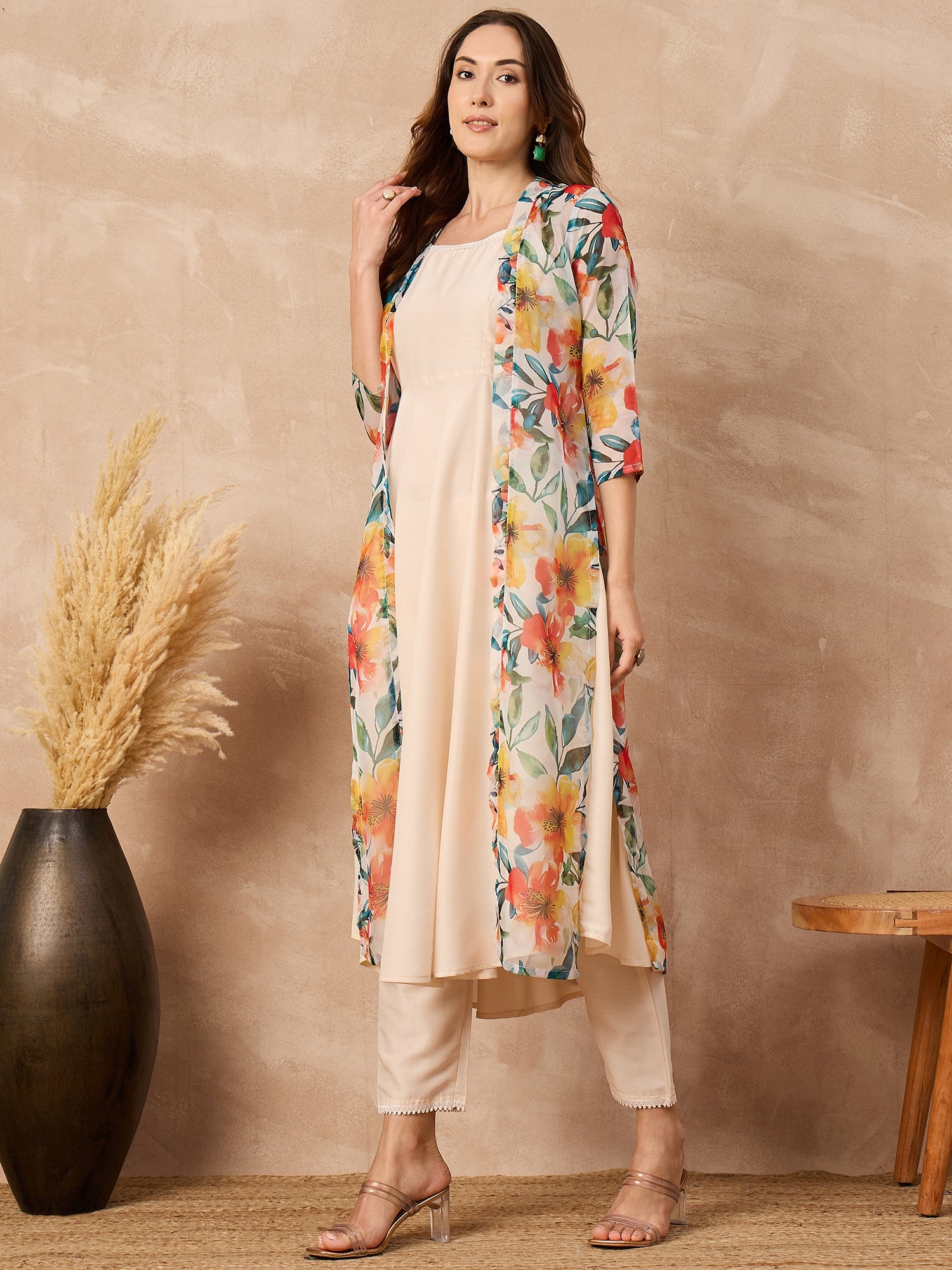 Off-White Silk Blend Solid A-Line Kurta Trouser With Floral Print Shrug