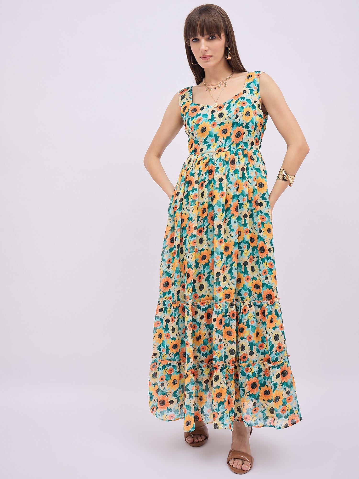 Multi Polyester Printed No Sleeves Floral Dress