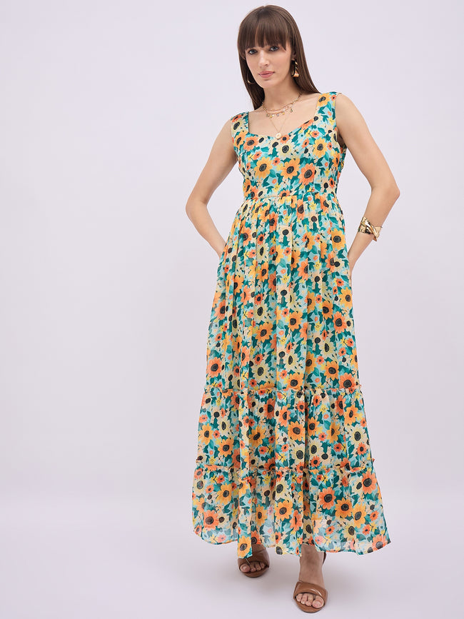 Multi Polyester Printed No Sleeves Floral Dress