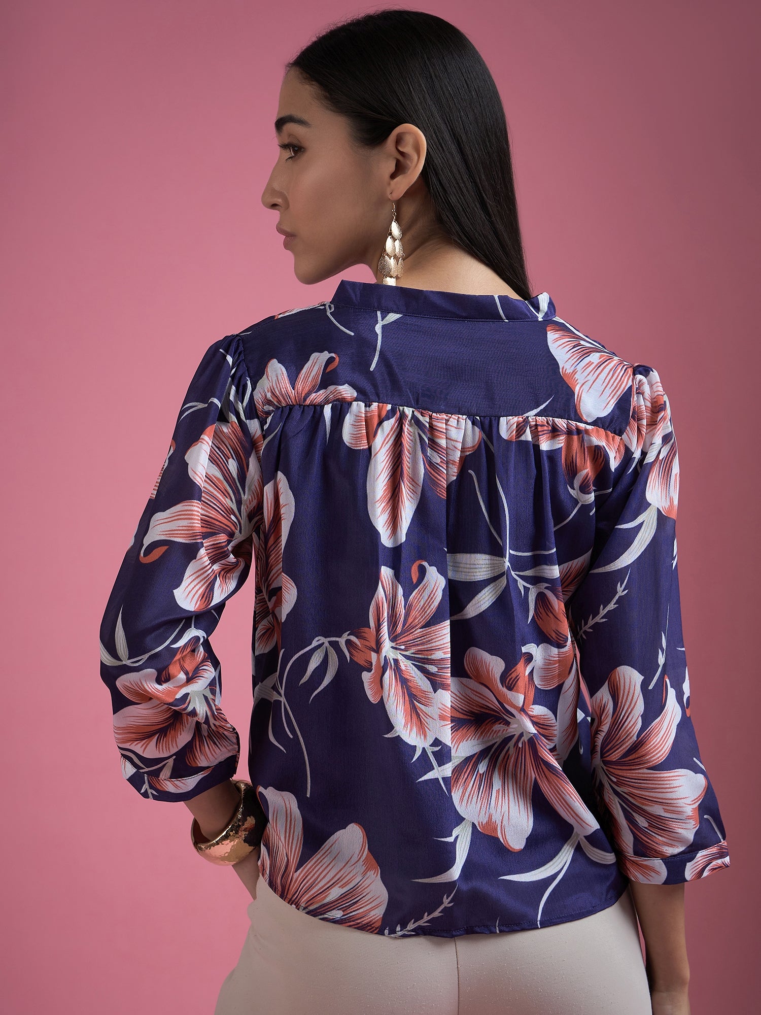 Blue Polyester Printed Tie-Ups Regular Sleeves Floral Print Tops