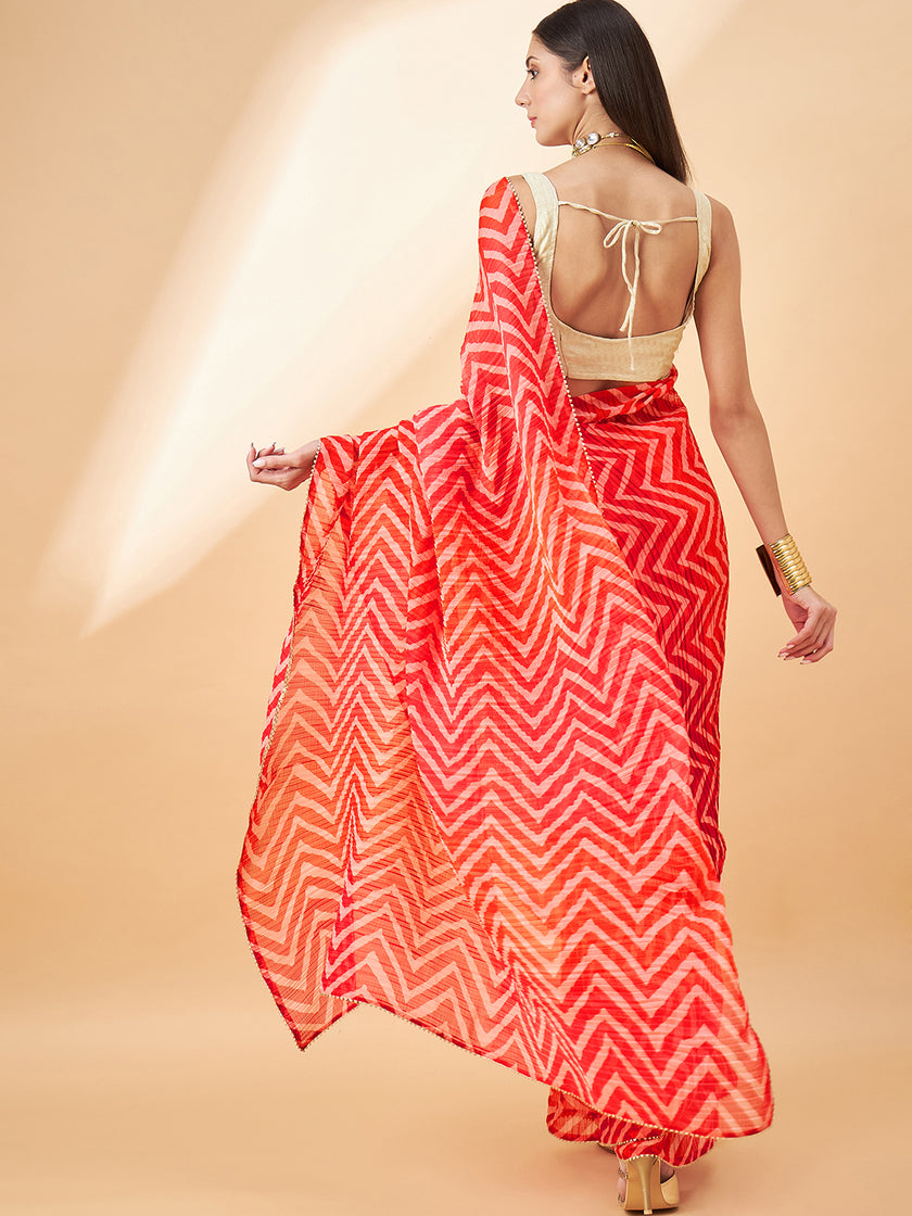 Red Pure Chiffon Stripes Pleted Saree with Unstitched Fancy Blouse