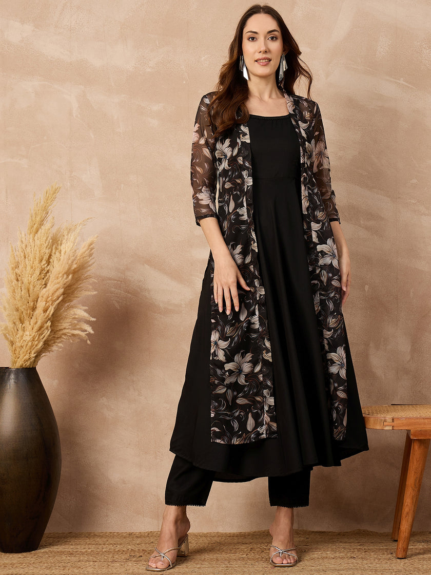Black Silk Blend Solid A-Line Kurta Trouser With Floral Print Shrug