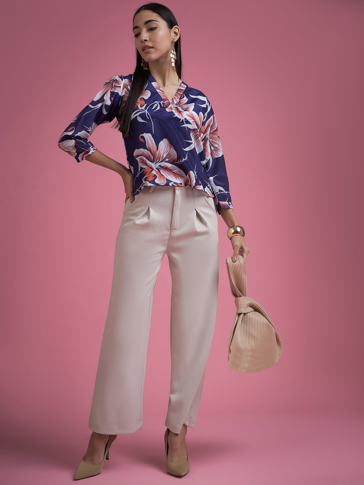 Blue Polyester Printed Tie-Ups Regular Sleeves Floral Print Tops