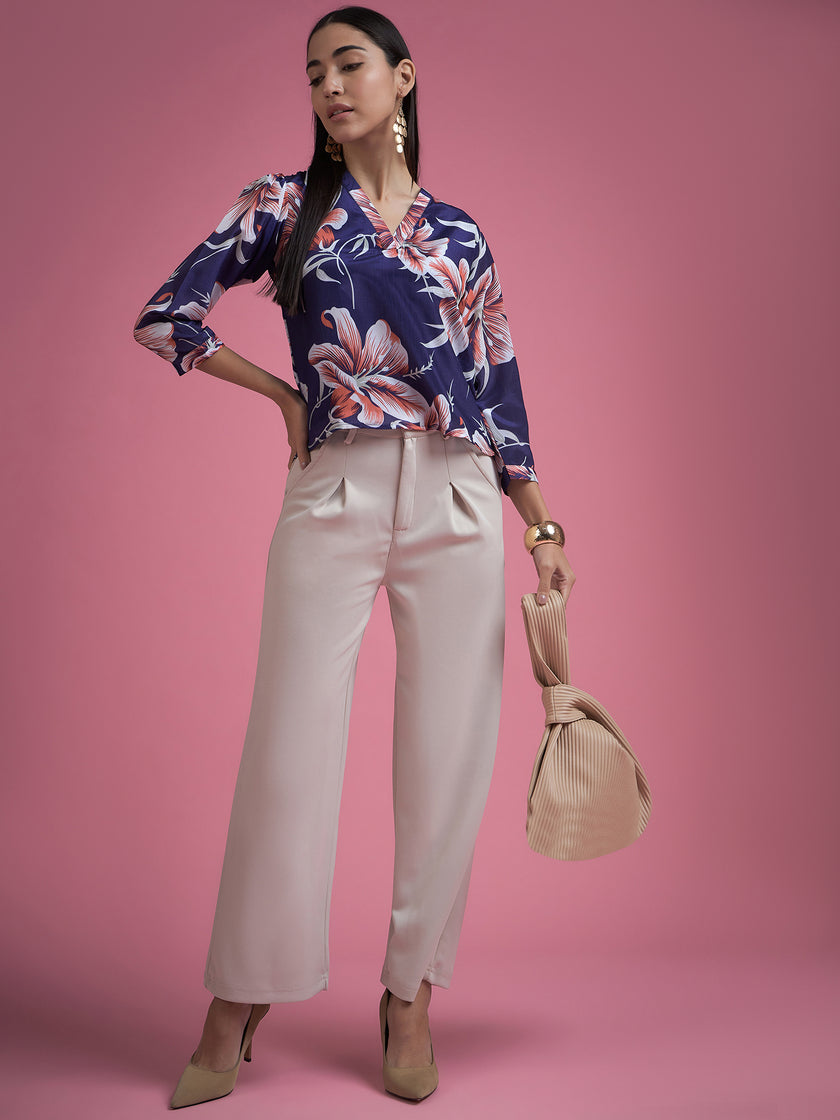 Blue Polyester Printed Tie-Ups Regular Sleeves Floral Print Tops