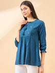 Blue Cotton Blend Embroidered Tie-Ups Regular Sleeves Schiffli Tops
