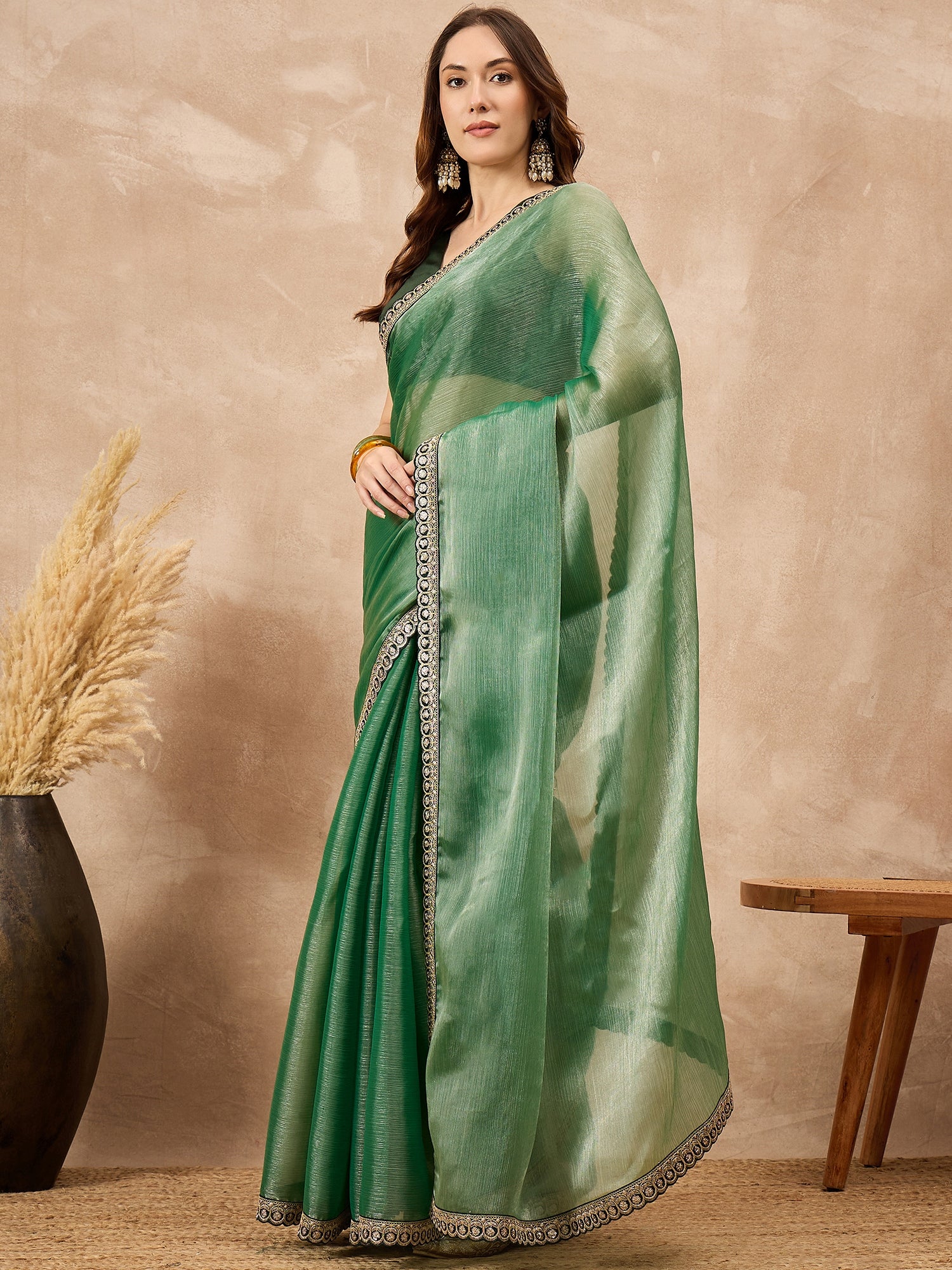 Green Satin Solid with Embroidered Border Saree with Unstitched Blouse