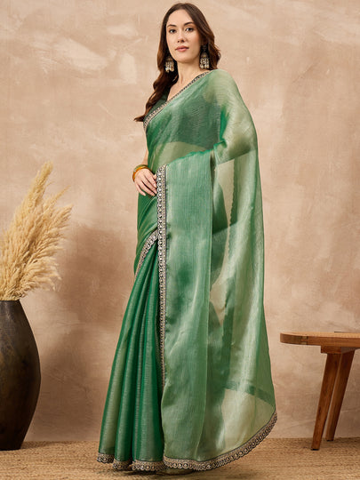 Green Satin Solid with Embroidered Border Saree with Unstitched Blouse